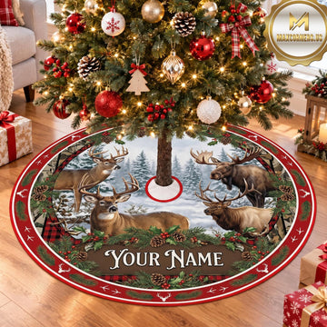 Maxcorners Hunting Deer Moose Red Plaid Wildlife Personalized Name 3D Christmas Tree Skirt