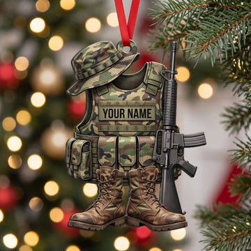 Maxcorners Military Camo Field Vest Helmet And Combat Boots Personalized Name 3D Keychain And Ornament
