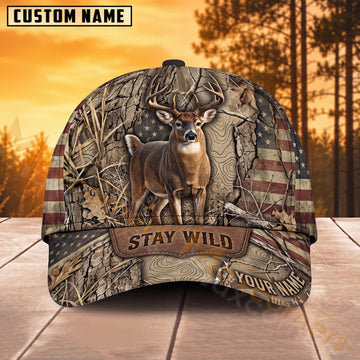 Maxcorners Deer Hunting Gray Woodland Stay Wild Personalized Name 3D Cap