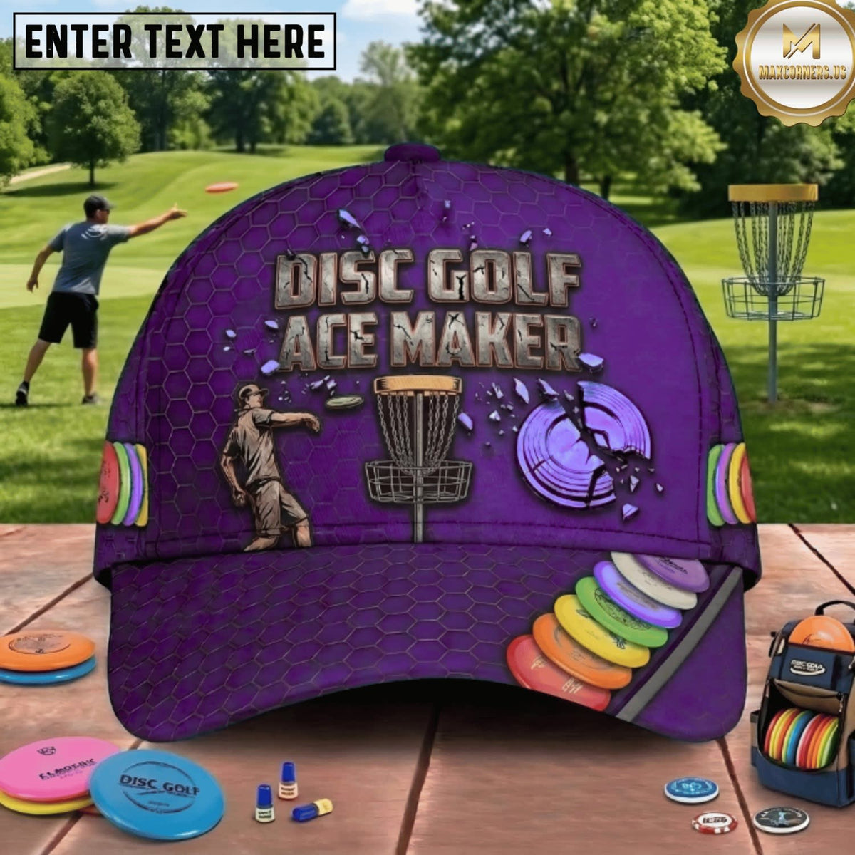 (7 Colors) Maxcorners Disc Golf Ace Maker Player & Chain Basket Personalized Name 3D Cap LM3009