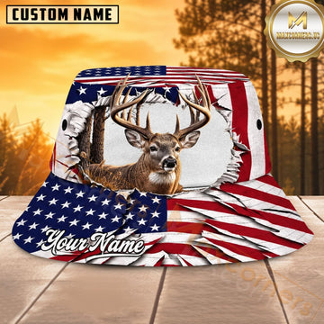 Maxcorners Deer Hunting White Patriotic Antler Personalized Name 3D Bucket Hat