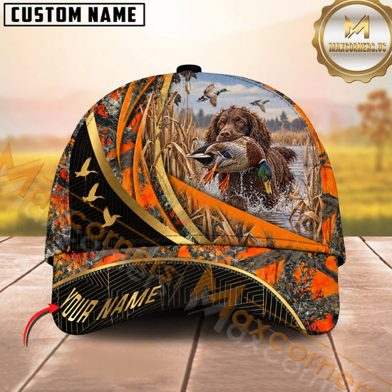 Maxcorners Dog Hunting And Duck Orange Camo Curved Stripe Marsh Hunting Scene Multiple Options Personalized Name 3D Cap