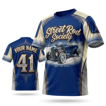 Maxcorners Personalized Car Classic Muscle Car 3D T-Shirt – Street Rod Society Royal Blue Gold Classic Coupe