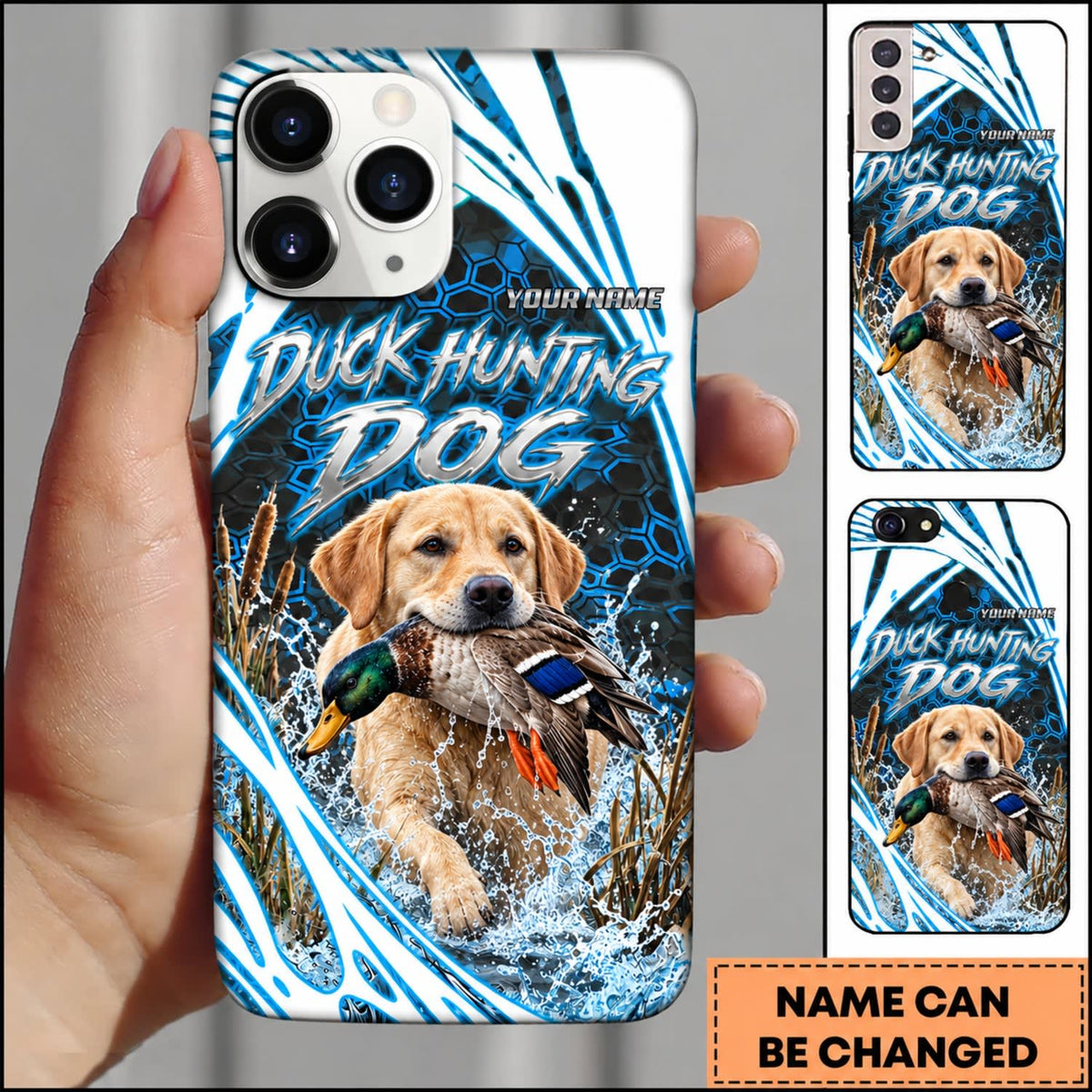 Maxcorners Duck Hunting Golden Retriever Electric Blue Hexagon Splash Personalized Name 3D Phone Case - Yellow Labrador Retriever