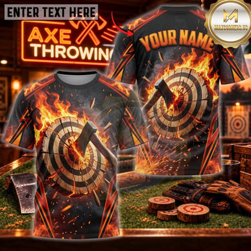 Maxcorners Axe Throwing Molten Fire Axe Bullseye Personalized Name 3D Unisex Shirt