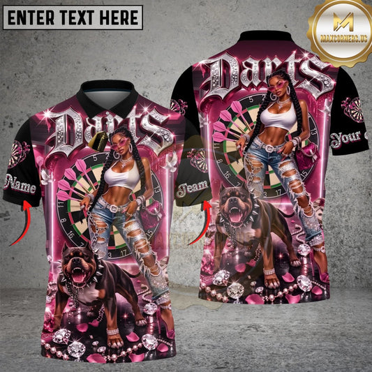Maxcorners Darts Hip Hop Girl & Pitbull Dog Diamond Multicolor Customized Name, Team Name 3D Shirts