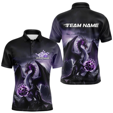 Maxcorners Custom Black And Purple Thunder Lightning Dragon Bowling Men Polo Shirts, Team Outfit LM1605