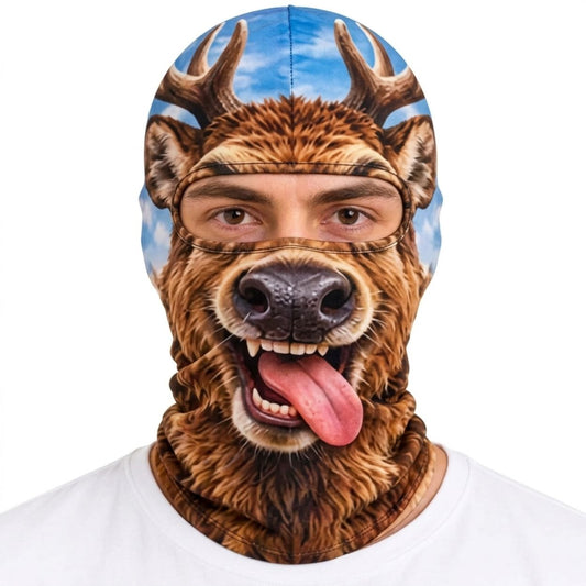 Maxcorners Laughing Deer Stag Antlers Open Mouth Big Tongue Winter Ski Personalized 3D Balaclava Face Mask