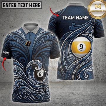 Maxcorners Nine Ball Eight Ball Waves Polynesian Tattoo Billiards Top Multicolor Customized Name, Team Name 3D Shirts