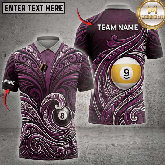 Maxcorners Nine Ball Eight Ball Waves Polynesian Tattoo Billiards Top Multicolor Customized Name, Team Name 3D Shirts