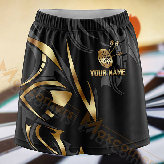 Maxcorners Darts Black Gold Abstract Swirl Dartboard Personalized 3D Skort, Skirts With Shorts