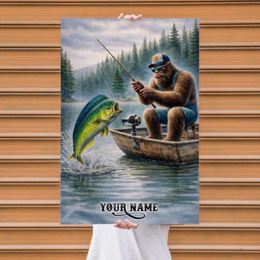 Maxcorners Mahi Mahi Fishing Bigfoot Artistic Lake Adventure Style Personalized Name 3D Poster