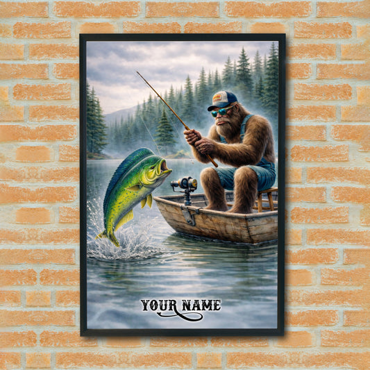 Maxcorners Mahi Mahi Fishing Bigfoot Artistic Lake Adventure Style Personalized Name 3D Poster