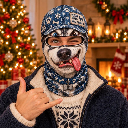 Maxcorners Husky Dog Goofy Smile Tongue Out Snowflakes Winter Knitted Cap Personalized 3D Balaclava Face Mask