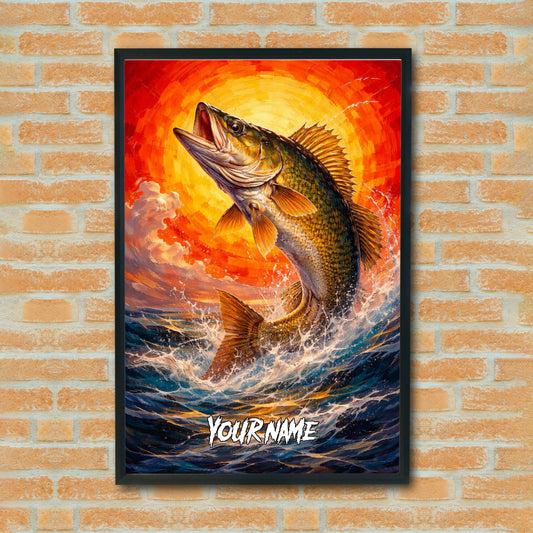 Maxcorners Largemouth Bass Fishing Fire Wave Sunset Style Personalized Name 3D Poster