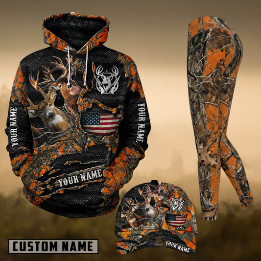 Maxcorners Hunting Whitetail Deer American Flag Orange Camo Personalized 3D Shirts