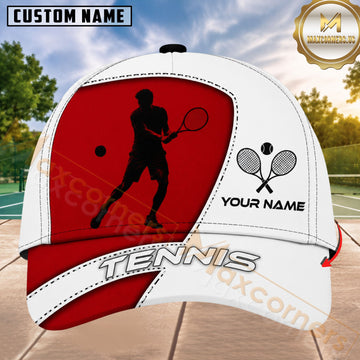 Maxcorners Tennis Player Silhouette Crossed Rackets Red White Honeycomb 3D Design Personalized Name 3D Cap