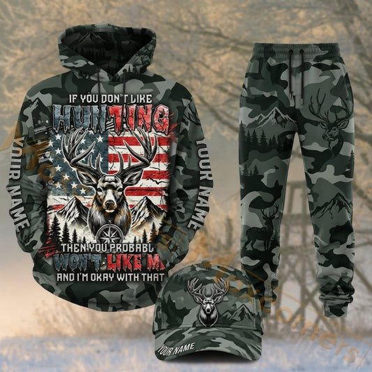 Maxcorners Hunting Skull American Flag Dark Camo Personalized 3D Combo Hoodie, Sweatpants Set & Cap