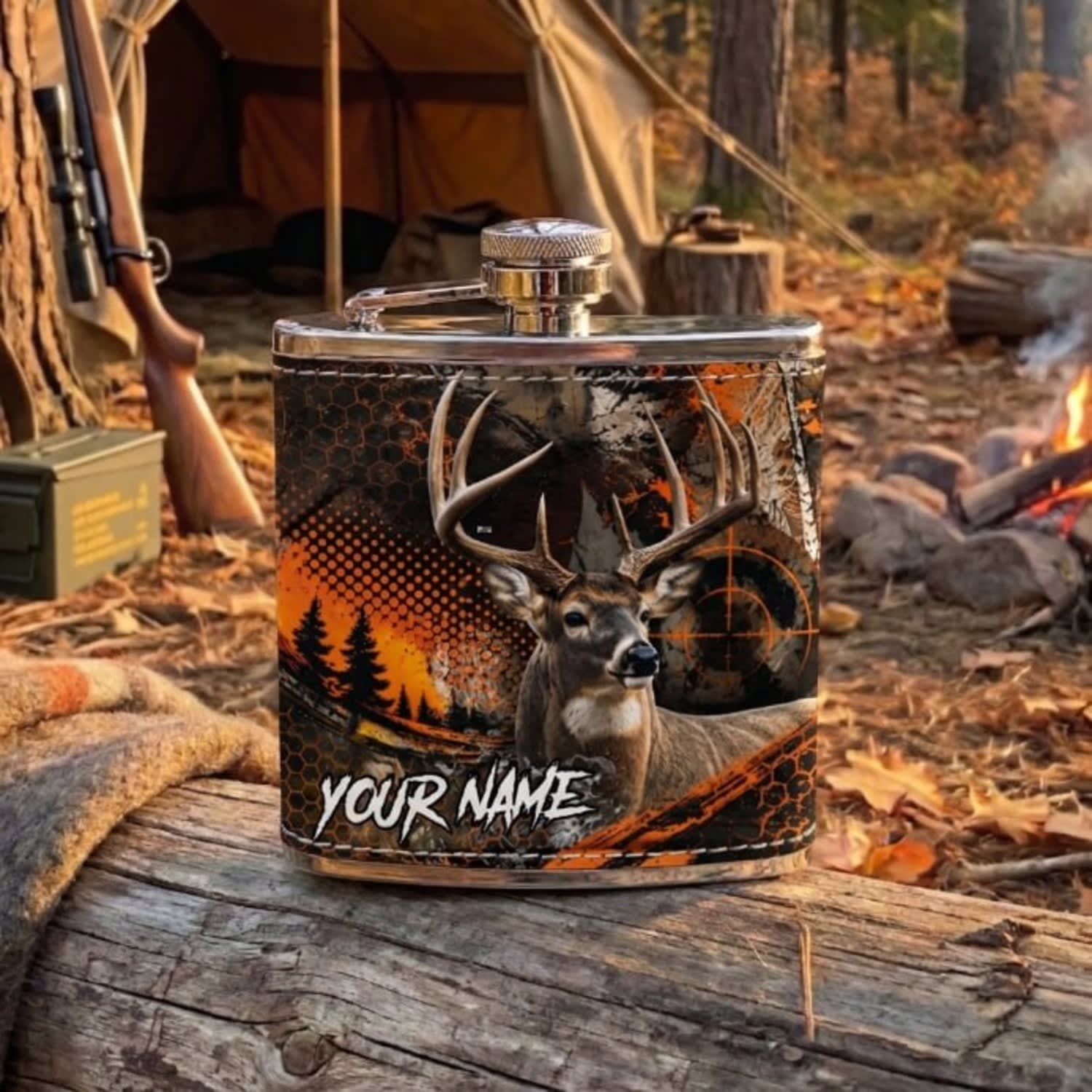 Maxcorners Hunting Whitetail Deer Orange Woodland Camouflage Design Personalized Name 3D Hip Flask