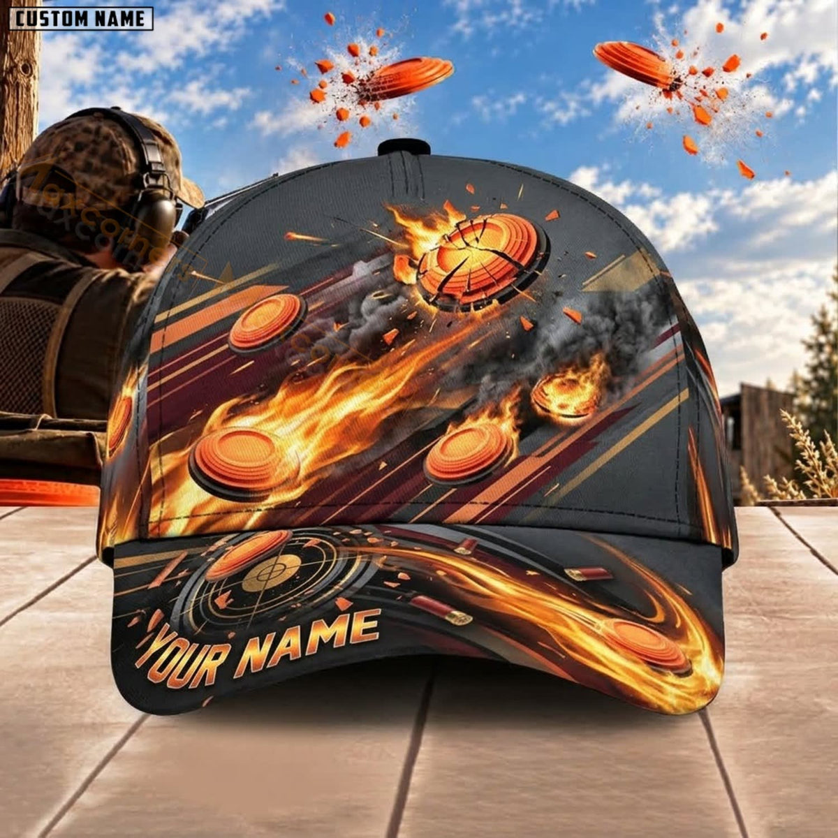 Maxcorners Trap & Skeet Shooting Flaming Flying Clay Targets Personalized Name 3D Cap
