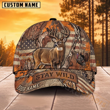 Maxcorners Deer Hunting Orange Camo American Flag Stay Wild Personalized Name 3D Cap