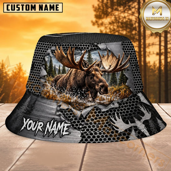Maxcorners Deer Hunting Black Carbon Woodland Personalized Name 3D Bucket Hat
