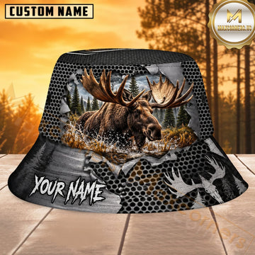 Maxcorners Deer Hunting Black Carbon Woodland Personalized Name 3D Bucket Hat