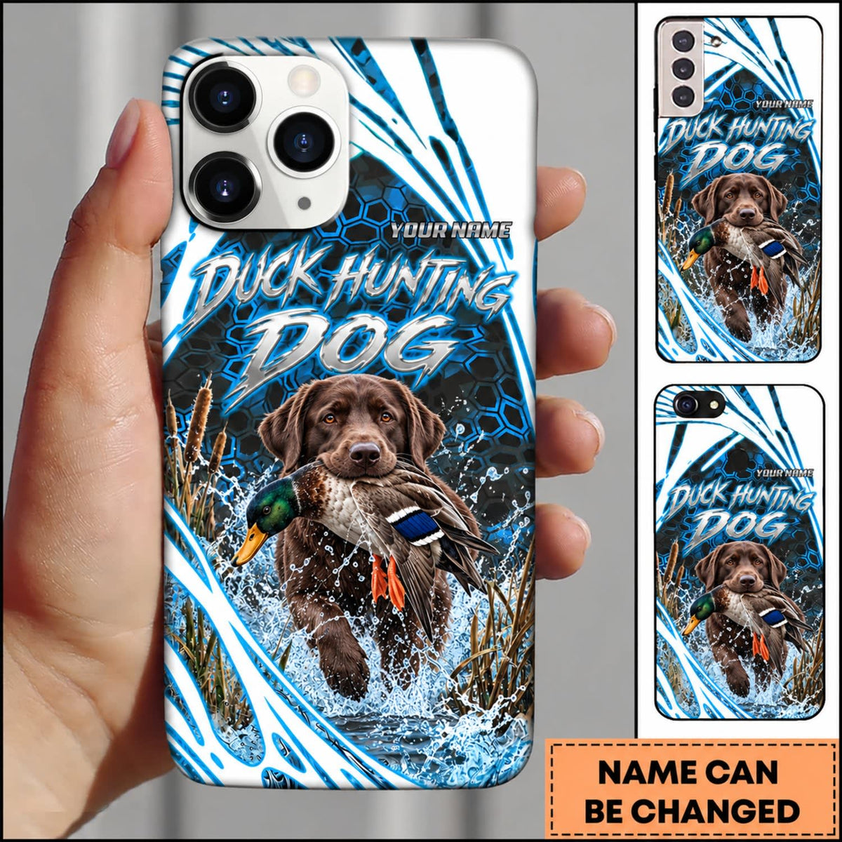 Maxcorners Duck Hunting Golden Retriever Electric Blue Hexagon Splash Personalized Name 3D Phone Case - Chocolate Labrador Retriever