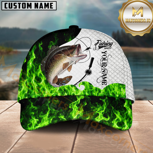 Maxcorners Fishing Water Green Flame Multi Options Personalized Name 3D Cap (12 Fish Species)