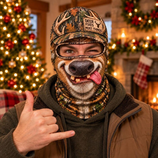 Maxcorners Whitetail Deer Buck Goofy Face Big Nose Tongue Out Camo Cap Personalized 3D Balaclava Face Mask