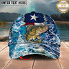 Maxcorners Fishing Texas Flag Ocean Wave Personalized Name 3D Cap (12 Fish Species)