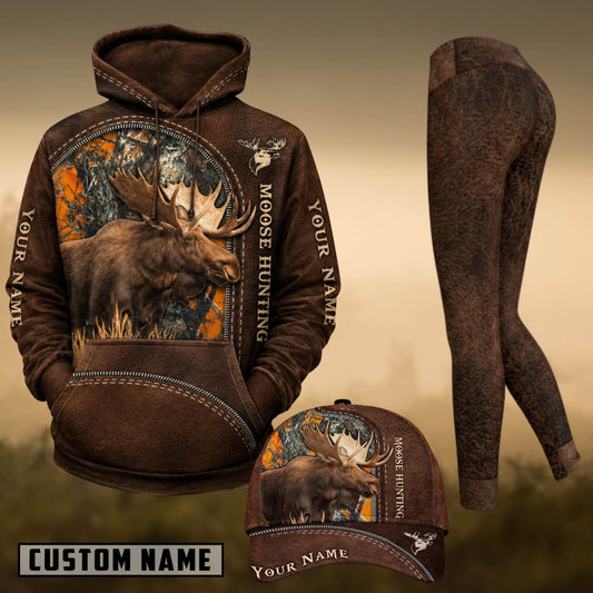 Maxcorners Hunting Moose Hunting Brown Leather Orange Camo Personalized 3D Shirts