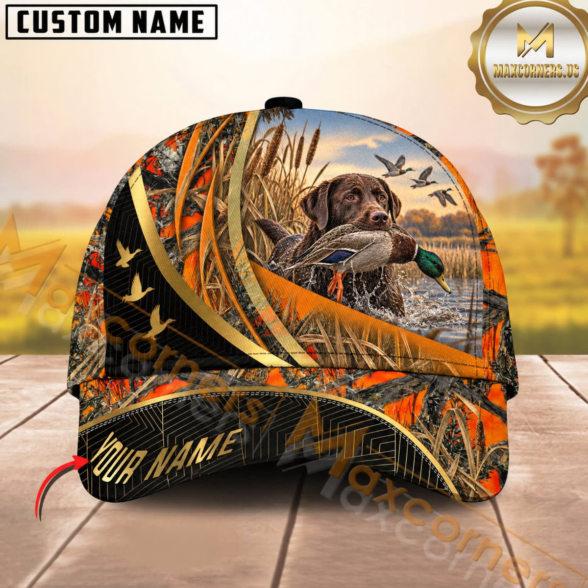 Maxcorners Dog Hunting And Duck Orange Camo Curved Stripe Marsh Hunting Scene Multiple Options Personalized Name 3D Cap
