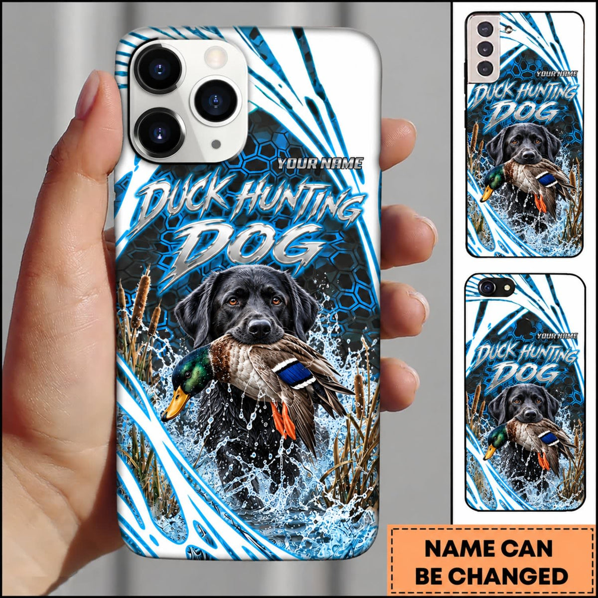 Maxcorners Duck Hunting Golden Retriever Electric Blue Hexagon Splash Personalized Name 3D Phone Case - Golden Retriever