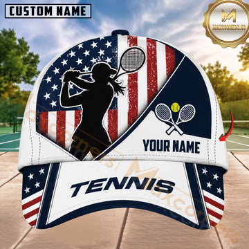 Maxcorners Tennis Female Player Silhouette USA Flag Navy White Red 3D Design Personalized Name 3D Cap