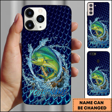 Maxcorners Mahi-mahi Fishing Phone Case Water Ring Splash Dark Blue Scale Background Personalized Name Phone Case