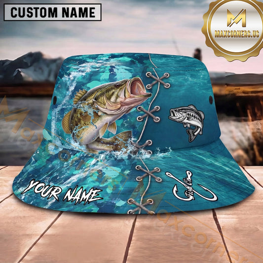 Maxcorners Fishing Aqua Camouflage Lace-Up Water Splash Personalized 3D Bucket Hat (13 Fish Species)