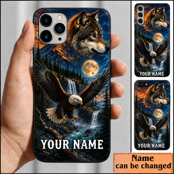 Maxcorners Hunting Bald Eagle and Wolf Wild Nature Waterfall Night Sky Customized Name Phone Case
