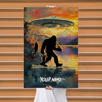 Maxcorners Fishing UFO Lake Bigfoot Silhouette Personalized Name 3D Poster