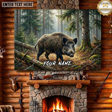 Maxcorners Boar Hunting Wild Boar Misty Pine Forest Wildlife Scene Canvas Wall Art