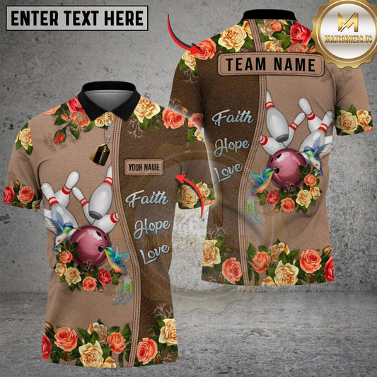Maxcorners Bowling & Pins Hummingbird Faith Hope Love Customized Name, Team Name 3D Shirt (4 Colors)