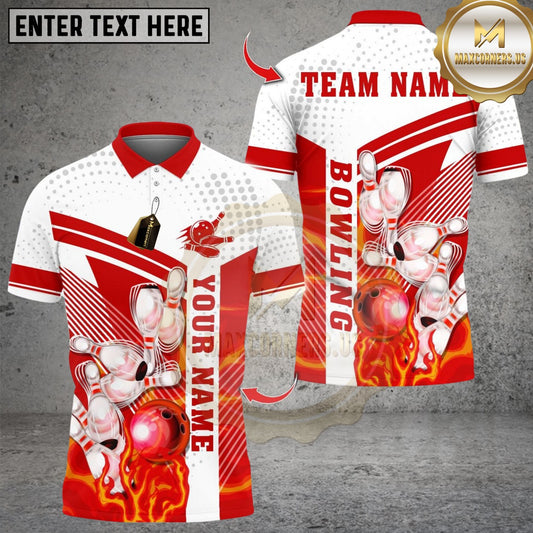 Maxcorners Bowling Ball And Pins Flaming Multicolor Customized Name, Team Name 3D Shirt