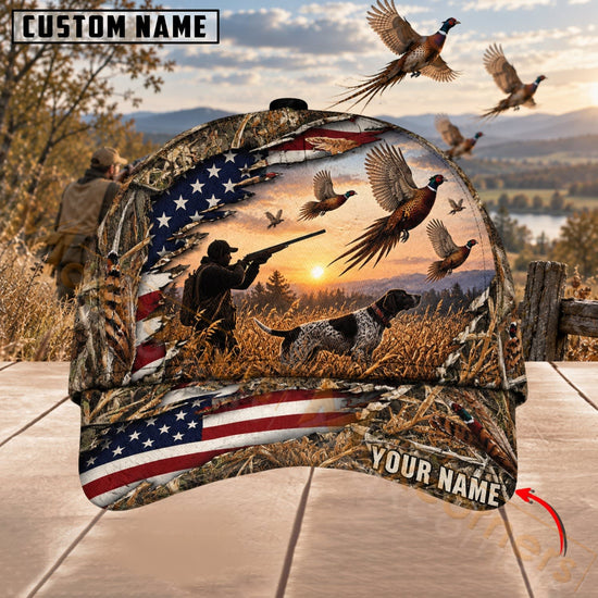Maxcorners Upland Bird Hunting Patriotic Sunset Hunter & Pheasants Personalized Name 3D Cap