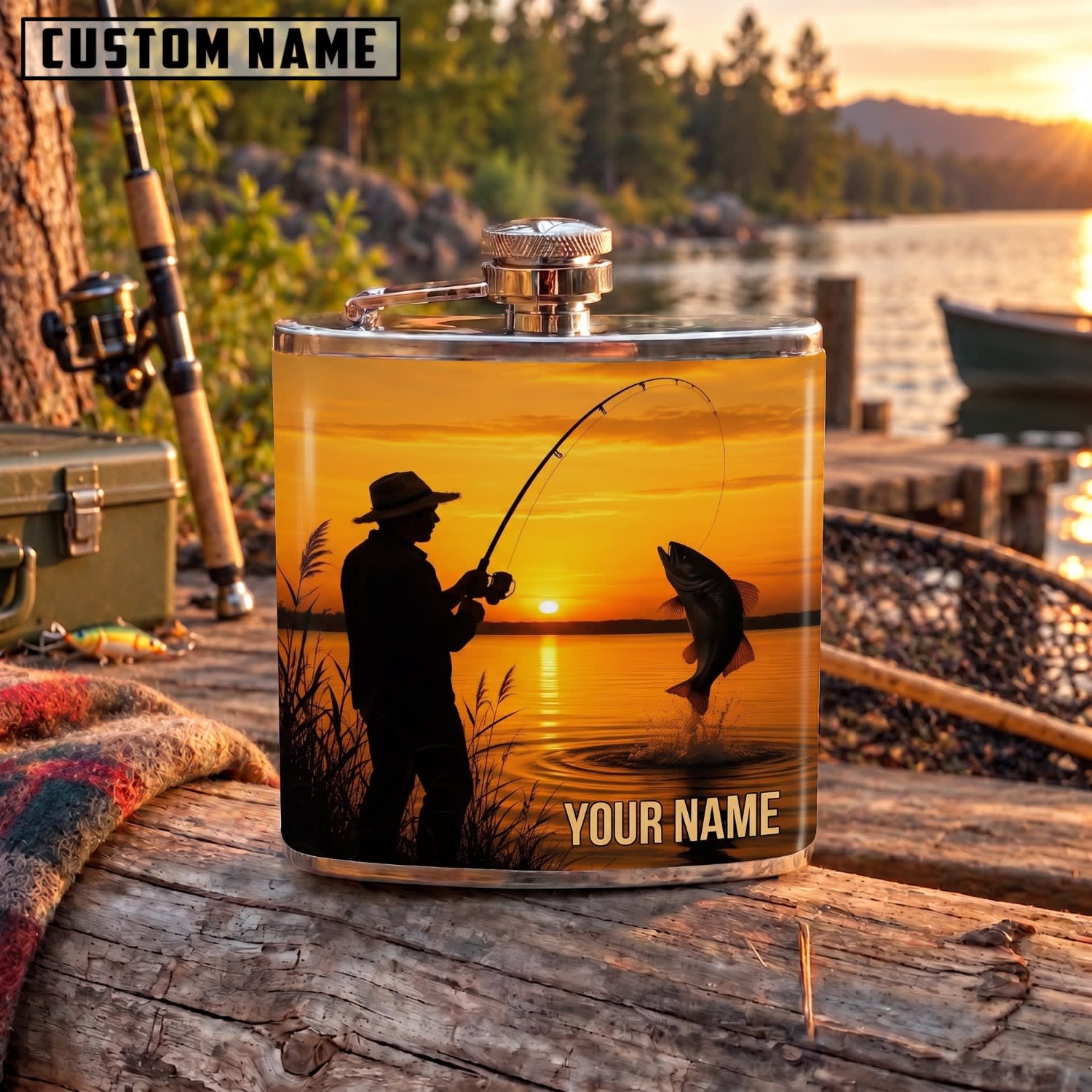 Maxcorners Fishing Sunset Fisherman Silhouette Catch Personalized Name 3D Hip Flask