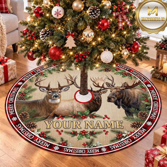 Maxcorners Hunting Deer Moose Christmas Plaid Personalized Name 3D Christmas Tree Skirt