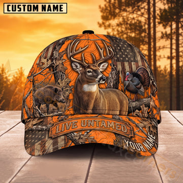 Maxcorners Deer Hunting Orange Woodland Live Untamed Personalized Name 3D Cap