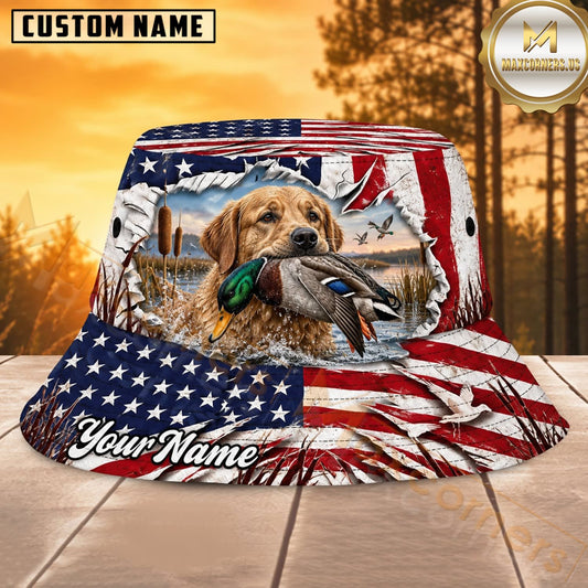 Maxcorners Duck Hunting Labrador Patriotic Field Personalized Name 3D Bucket Hat