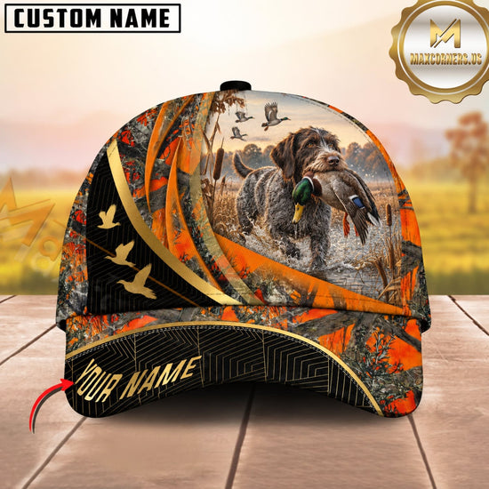 Maxcorners Dog Hunting And Duck Orange Camo Curved Stripe Marsh Hunting Scene Multiple Options Personalized Name 3D Cap