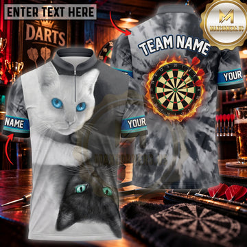 Maxcorners Darts Cute White Cat Blue Eyes Golden Dartboard Personalized Name 3D Unisex Shirt