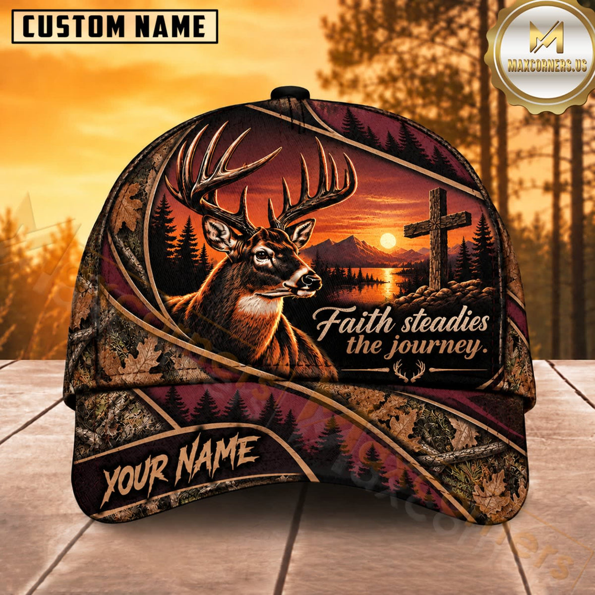 Maxcorners Deer Hunting Whitetail Buck Faith Steadies the Journey Burgundy Camo Customized Name 3D Cap